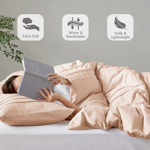 JLA Home Comfort Spaces - Soft Washed Pleated Duvet Cover Set with Grid Pinch-Pleat, OEKO-TEX Soft Microfiber, All-Season Comfort Blush AM12-0151