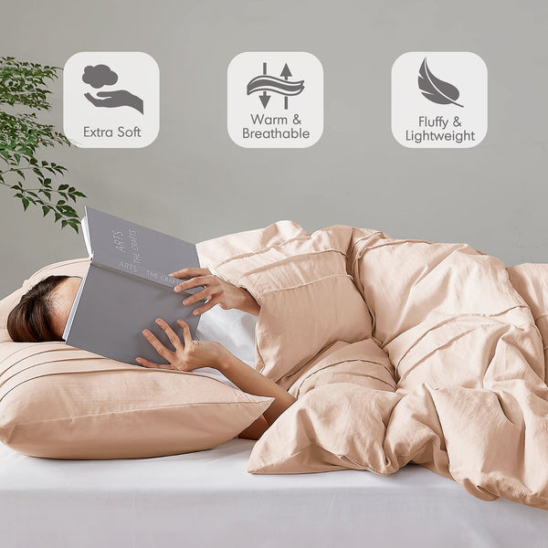 JLA Home Comfort Spaces - Soft Washed Pleated Duvet Cover Set with Grid Pinch-Pleat, OEKO-TEX Soft Microfiber, All-Season Comfort Blush AM12-0151