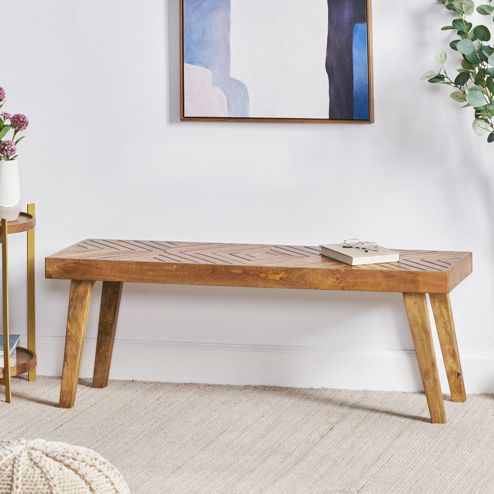 English Elm Wooden Mango Bench Hand Carved Diamond Seat Splayed Legs Farmhouse Entryway Accent N768P412484N