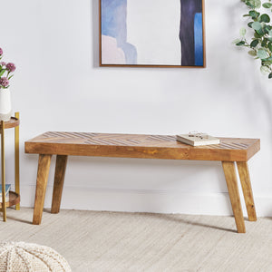 English Elm Wooden Mango Bench Hand Carved Diamond Seat Splayed Legs Farmhouse Entryway Accent N768P412484N