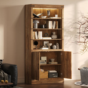 English Elm 83.4"Tall Modern Bookshelf with Doors Walnut, LED Accent Lighting, 3 Adjustable Shelves, Storage Cabinet N751S346154W