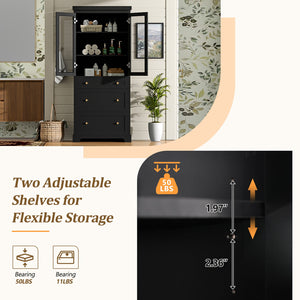 English Elm 70.1" Modern Tall Storage Cabinet with 3 Drawers, 2 Adjustable Shelves, Soft-Close Glass Doors, Gold Handles Black N729P271979B
