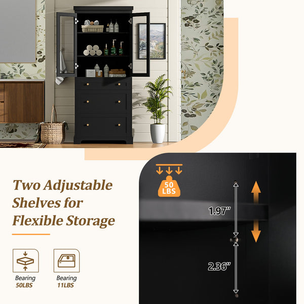 English Elm 70.1" Modern Tall Storage Cabinet with 3 Drawers, 2 Adjustable Shelves, Soft-Close Glass Doors, Gold Handles Black N729P271979B