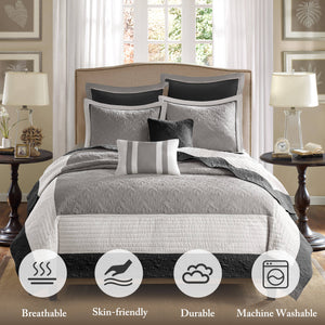 JLA Home Madison Park - 7 Damask Quilt Ensemble with Euro Shams & Throw Pillows — Hotel-Inspired, Breathable Cotton-Rich Comfort 104 L x 94 W x 0.25H MP13-1742