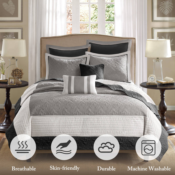 JLA Home Madison Park - 7 Damask Quilt Ensemble with Euro Shams & Throw Pillows — Hotel-Inspired, Breathable Cotton-Rich Comfort 104 L x 94 W x 0.25H MP13-1742