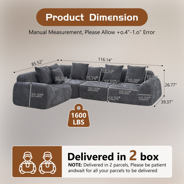 English Elm Oversized Velvet Cloud Sectional with Memory Foam Cushioning and L-shape Chaise Lounge Grey W3728S00014