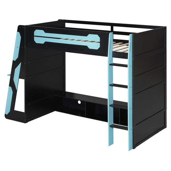 English Elm Twin Gaming Loft Bed with Desk Rgb Lighting and Multi-tier Shelves for Teen Rooms Blue LT000160AAC