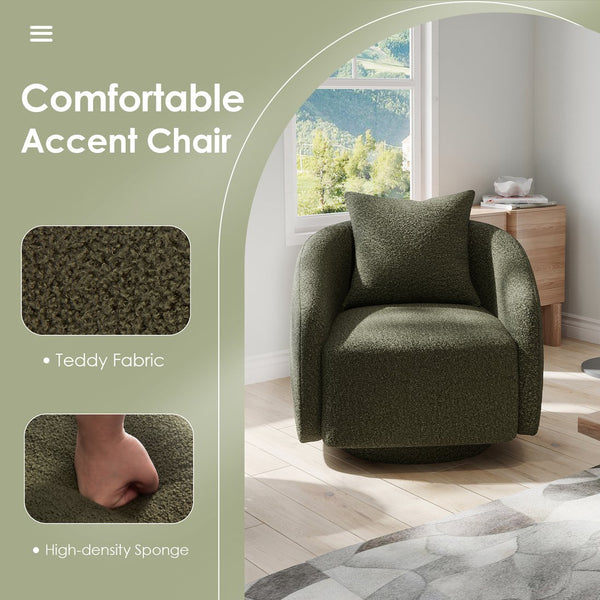 English Elm Swivel Barrel Armchair in Teddy Fabric with Lumbar Pillow and Solid Wood Legs Green T3623P430704