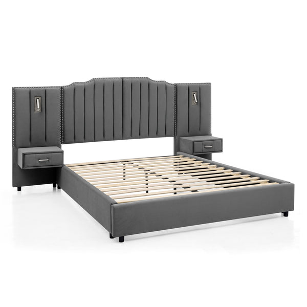 English Elm Queen Velvet Platform Bed with Tufted Headboard Integrated Nightstands and Striped Design Gray W487S00443