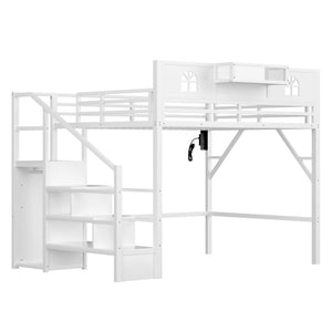 English Elm Metal Queen Loft Bed with L Shaped Desk Wardrobe Led Lighting and Usb for Teens White W2593S00057