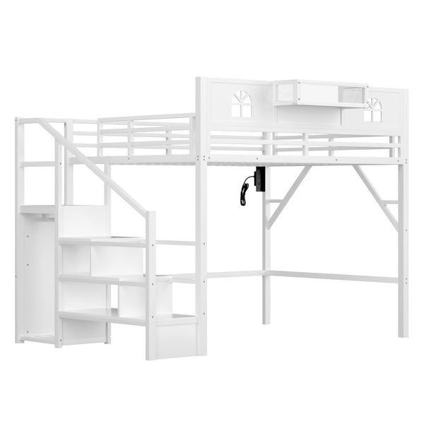 English Elm Metal Queen Loft Bed with L Shaped Desk Wardrobe Led Lighting and Usb for Teens White W2593S00057
