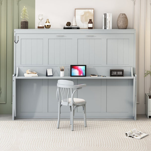 English Elm Queen Murphy Bed With Hydraulic Lift & Foldable Desk - Stylish Space-Saving Solution In Gray N820S10033E-GIGA