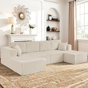 English Elm U-shaped Modular Corduroy Sectional Sofa Sleeper Spacious Living Room Lounge Couch Beige W487S00425