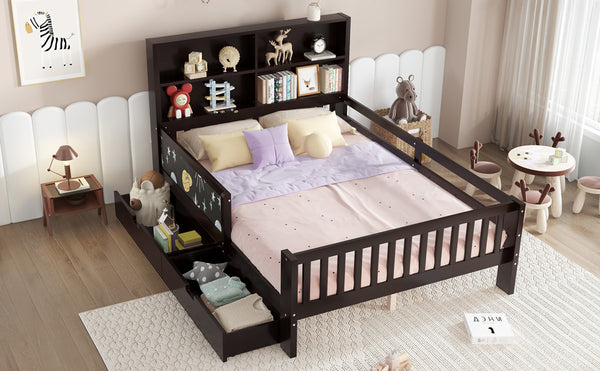 English Elm Full Solid Wood Platform Bed with Chalkboard Headboard, Storage Drawers & Shelves, Kid-Friendly White Espresso W1580P362709
