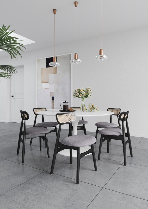 English Elm Colbert Cane Back Wood Upholstered Dining Chair with Solid Ash Frame, Woven Polycotton Seat, 275 lb Capacity Black+Grey B365P398298