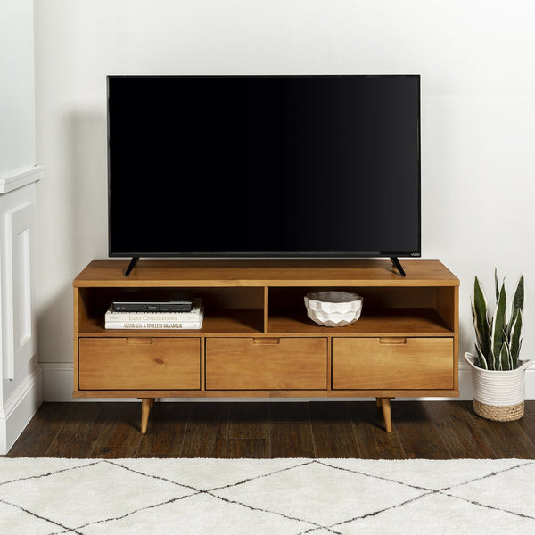 English Elm Walker Edison - Mid-Century Solid Wood 3-Drawer 58" TV Stand with Cord Management, Open Cubbies & Angled Legs Caramel 69 L x 19 W x 6 H B185P169379