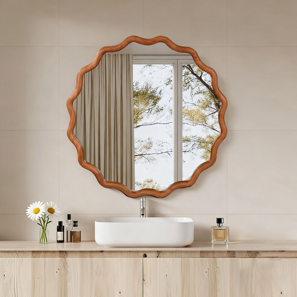 English Elm Yellowish Wavy 30" Round Solid Wood Frame Mirror with Tempered Glass — Rustic Elegant Vanity Accent W2203P389076
