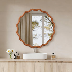 English Elm Yellowish Wavy 30" Round Solid Wood Frame Mirror with Tempered Glass — Rustic Elegant Vanity Accent W2203P389076