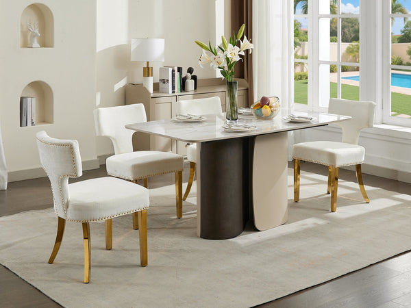 English Elm Mid Mid Century Modern Dining Chair Set with Curved Copper-Nail Backrest, High-Density Foam Seat, Brushed Stainless Legs Beige W1143P314902