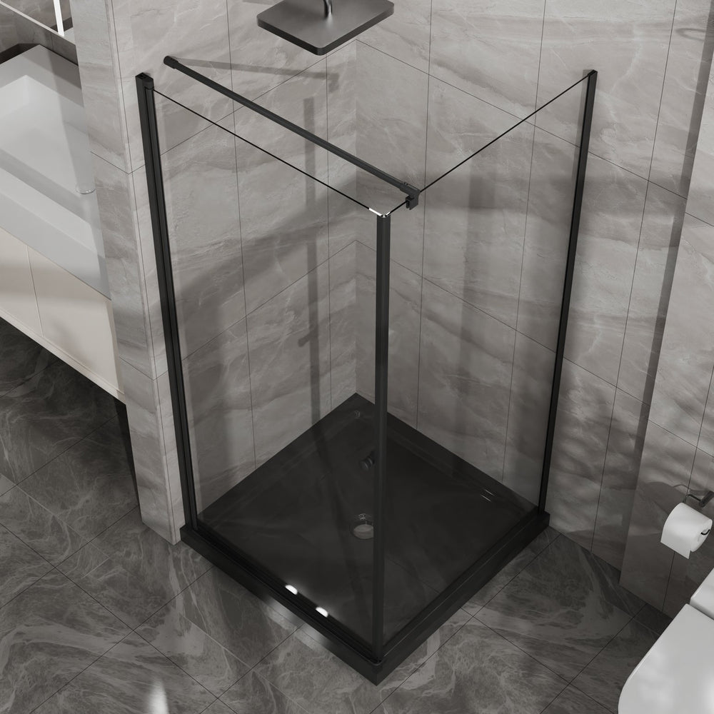 English Elm Goodyo Frameless Corner Shower Stall Tempered Glass Pivot Door with Matte Black Hardware W1223S00039