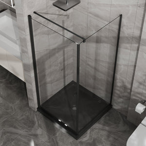 English Elm Goodyo Frameless Corner Shower Stall Tempered Glass Pivot Door with Matte Black Hardware W1223S00039