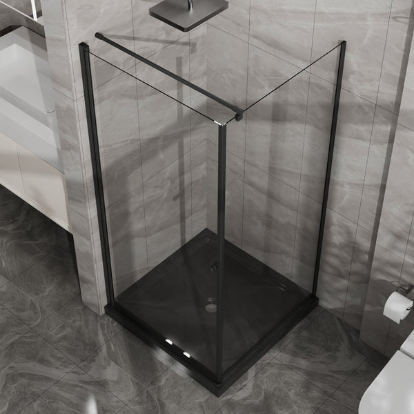 English Elm Goodyo Frameless Corner Shower Stall Tempered Glass Pivot Door with Matte Black Hardware W1223S00039
