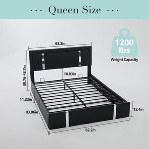 English Elm Queen Platform Bed Wingback Diamond Quilted Headboard Led Lighting Storage Drawers Black W5722P462695
