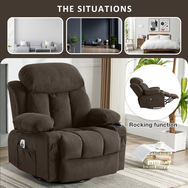English Elm Swinging Velvet Recliner Chair with Massage Heat Usb Port and 360 Swivel Lounge Seat Brown W1807P298214
