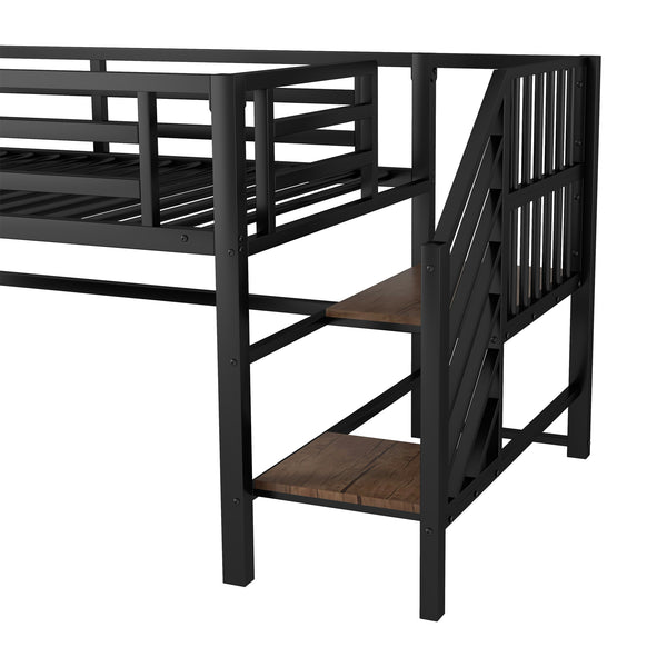 English Elm Twin Metal Loft Bed with Stairs and Six Storage Cubbies, Sturdy Metal Slat Support, Safe Low Design for Kids Black 75.2 L x 17.72 W x 9.45 H W2593P305749