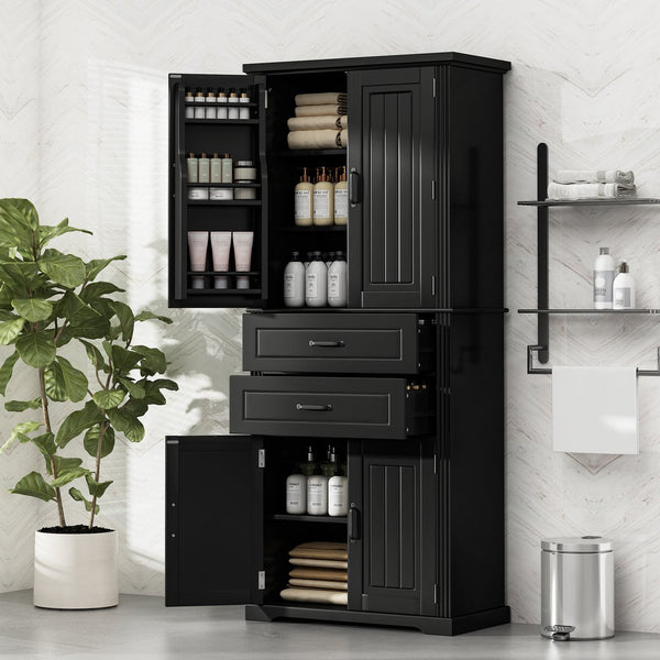 English Elm [video] Floor to Ceiling Matte Storage Cabinet with Drawers Shelves and Adjustable Interior Black N759P407762B