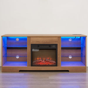 English Elm TV LED Fireplace TV Stand with Bluetooth LED Lights, Remote, USB Charging & Ample Storage, 58" Oak W2275P257558