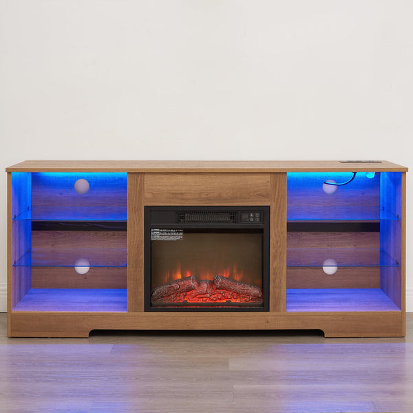 English Elm TV LED Fireplace TV Stand with Bluetooth LED Lights, Remote, USB Charging & Ample Storage, 58" Oak W2275P257558