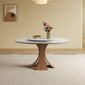 English Elm 59-Inch Modern Sintered Stone Dining Table With 35-Inch Turntable, Seats 6-8, Walnut Base Elegance! W509S00130