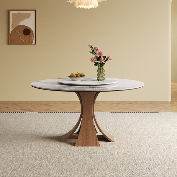 English Elm 59-Inch Modern Sintered Stone Dining Table With 35-Inch Turntable, Seats 6-8, Walnut Base Elegance! W509S00130