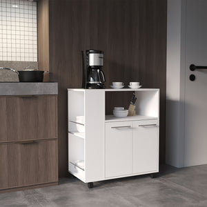 English Elm Eldon Two-Door Kitchen Base Cabinet Cart with Casters, Locking Wheels, 4 Shelves & Extra Counter Space B200P286941