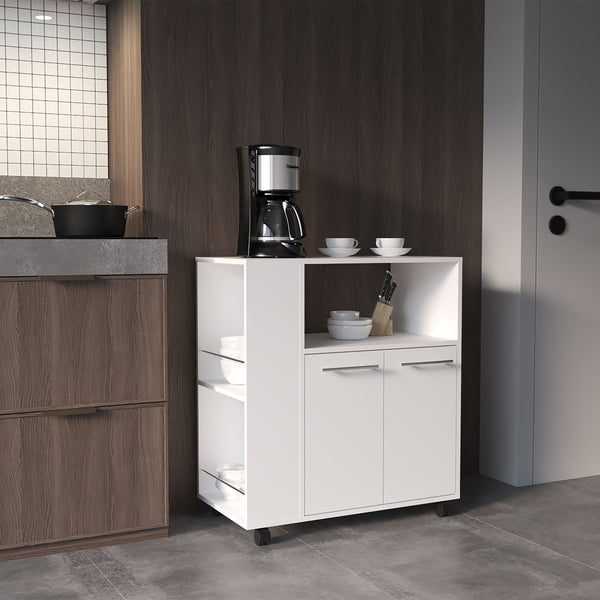 English Elm Eldon Two-Door Kitchen Base Cabinet Cart with Casters, Locking Wheels, 4 Shelves & Extra Counter Space B200P286941