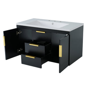 English Elm 72'' Wall Mounted Bathroom Vanity with 4 Drawers & Double Cabinets, Waterproof MDF, Smooth Slide Rails Black N710SS00009B