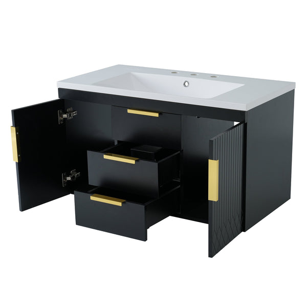 English Elm 72'' Wall Mounted Bathroom Vanity with 4 Drawers & Double Cabinets, Waterproof MDF, Smooth Slide Rails Black N710SS00009B