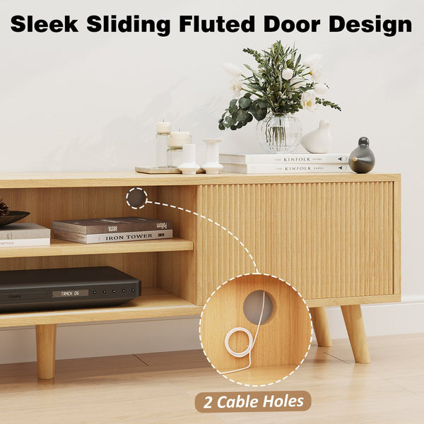 English Elm Fluted Wave Door Oak Finish Tv Stand with Open Shelving for Modern Living Rooms T3773P416488