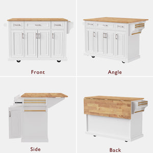 English Elm K&K 54" Farmhouse Kitchen Island with Embossed Texture, Drop Leaf, Soft-Close Drawers & Wheels White N707P195395W