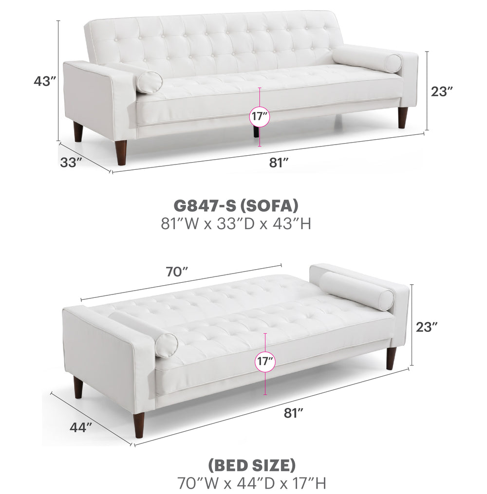 English Elm Glory Andrews G843A-S Sofa Bed PU Tufted Modern Convertible Sleeper with Removable Arms & Stable Center Leg White 75 L x 43 W x 12 H B078108473