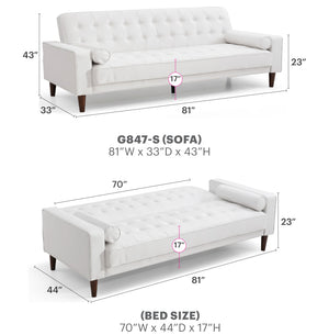 English Elm Glory Andrews G843A-S Sofa Bed PU Tufted Modern Convertible Sleeper with Removable Arms & Stable Center Leg White 75 L x 43 W x 12 H B078108473