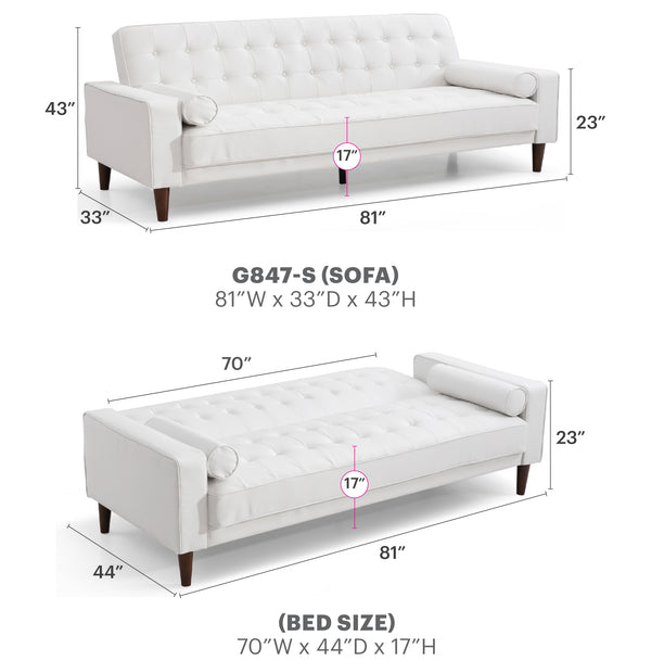English Elm Glory Andrews G843A-S Sofa Bed PU Tufted Modern Convertible Sleeper with Removable Arms & Stable Center Leg White 75 L x 43 W x 12 H B078108473