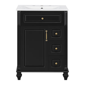 English Elm 24 Inch Freestanding Bathroom Vanity Solid Rubberwood Ceramic Sink Matte Finish Storage Black N725P375626B