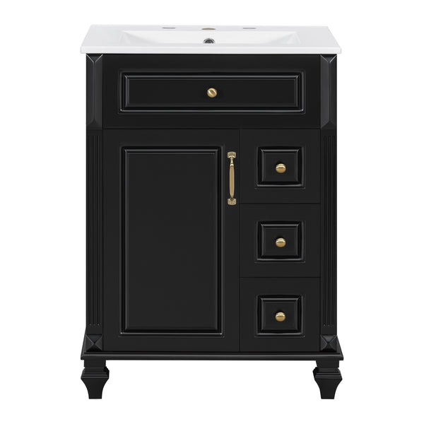 English Elm 24 Inch Freestanding Bathroom Vanity Solid Rubberwood Ceramic Sink Matte Finish Storage Black N725P375626B