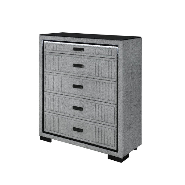 English Elm Isaiah Upholstered Wood Chest with LED Lighting, Spacious Drawers, Black Bar Handles & Block Feet Gray 42.56 L x 18.11 W x 47.44 H B201P391162