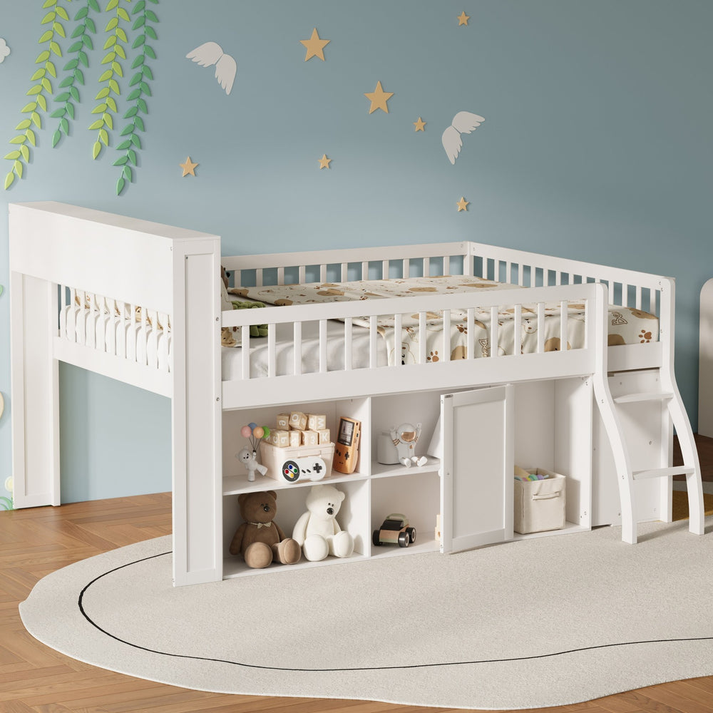 English Elm Queen Loft Bed with Open Shelving Built-in Led Light White Wood Frame N7090005025K