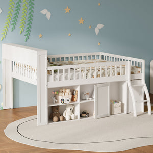 English Elm Queen Loft Bed with Open Shelving Built-in Led Light White Wood Frame N7090005025K