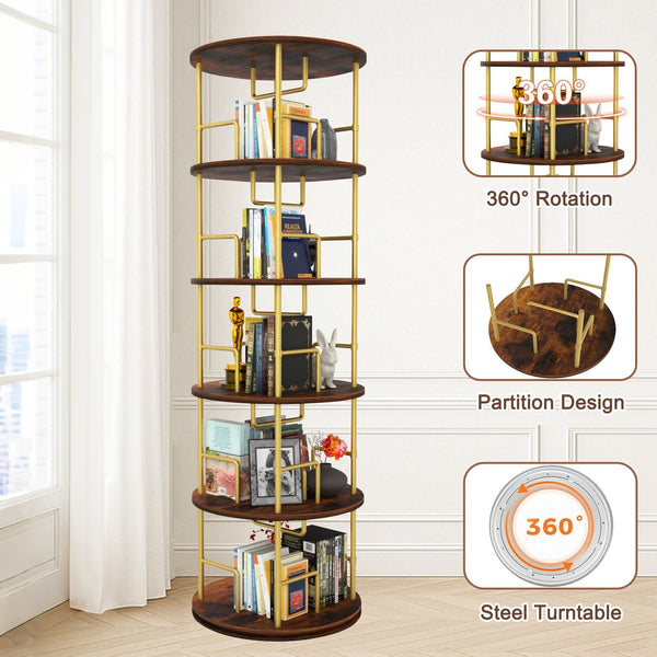 English Elm 5 Tier Rotating Bookshelf Tower with 360° Spin, Space-Saving Corner Display, Modern MDF Storage Unit Golden W3204P354235