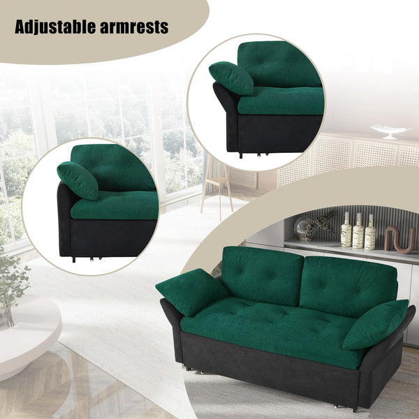 English Elm Convertible Pull Out Sofa Bed Queen Size with Steel Frame, Dual Armrests, Chenille Sleeper Couch with Storage and Casters Black+Green W3163P269679